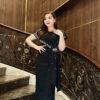 Đầm Dạ Hội Dáng Dài Đen Cổ Tròn Kết Ngọc Trai Lily Dress