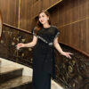Đầm Dạ Hội Dáng Dài Đen Cổ Tròn Kết Ngọc Trai Lily Dress