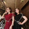 Đầm Dạ Hội Dáng Dài Đen Cổ Tròn Kết Ngọc Trai Lily Dress