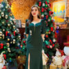 Đầm Dạ Hội Xẻ Tà Xanh Rêu Trơn Cổ Lưới Jolie Dress