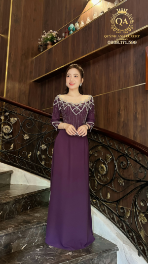 Áo Dài Truyền Thống Lụa Bảo Ngọc Đính Đá Pha Lê Màu Tím Huế 4 Tà Lita Dress