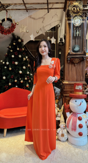 Áo Dài Truyền Thống Lụa Bảo Ngọc Cao Cấp Kết Hoa Màu Cam Lillie Dress